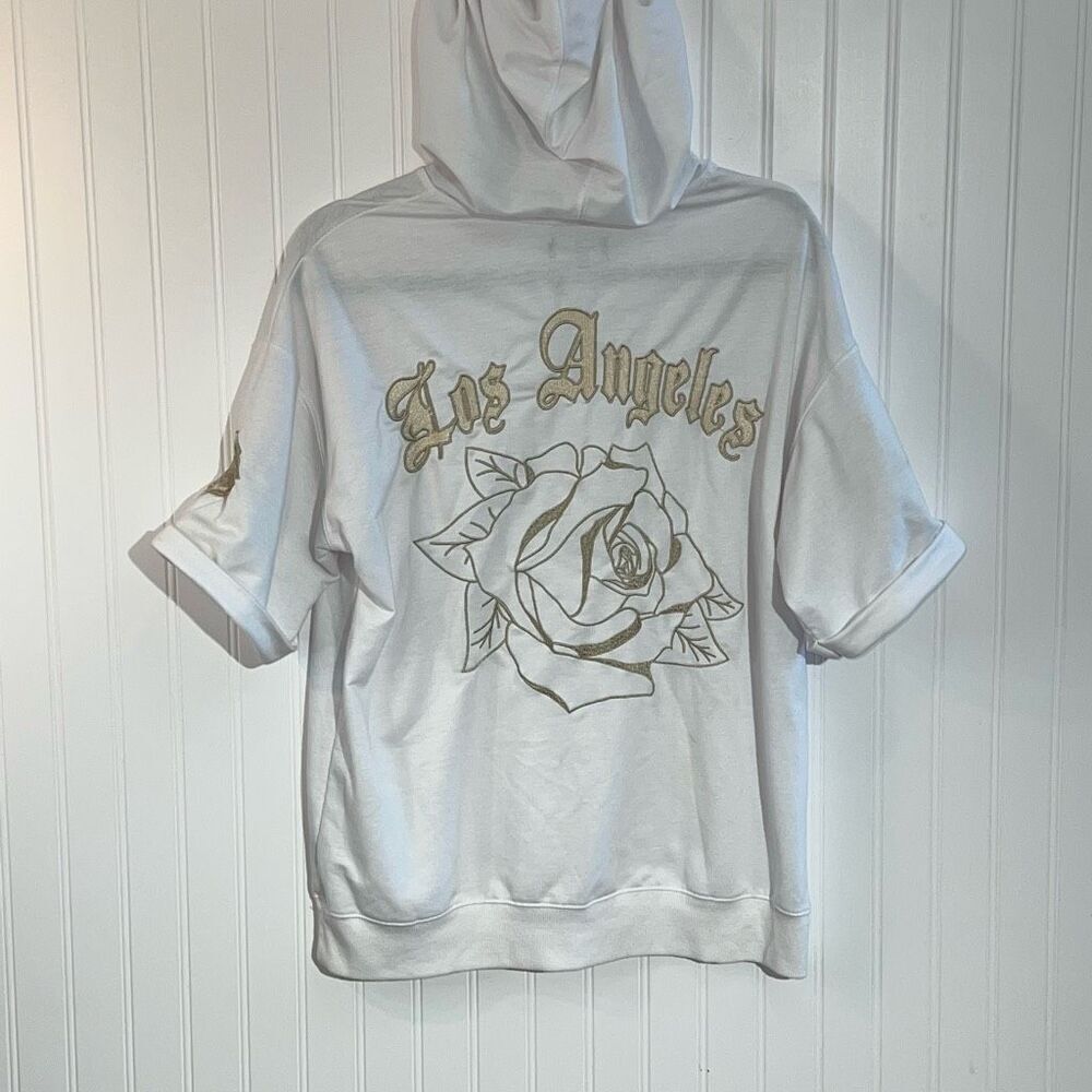 Carbon Los Angeles Hooded Top Womens Medium Embroidered Rose Short Sleeve Pocket
